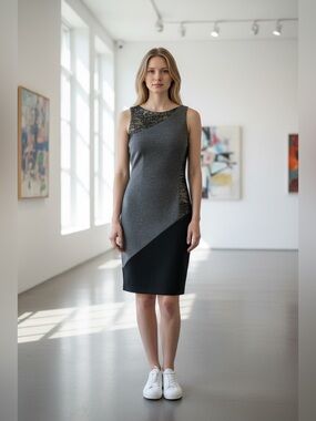 JAYGODFREY Black, Gray and Metallic One-Shoulder Sheath Dress